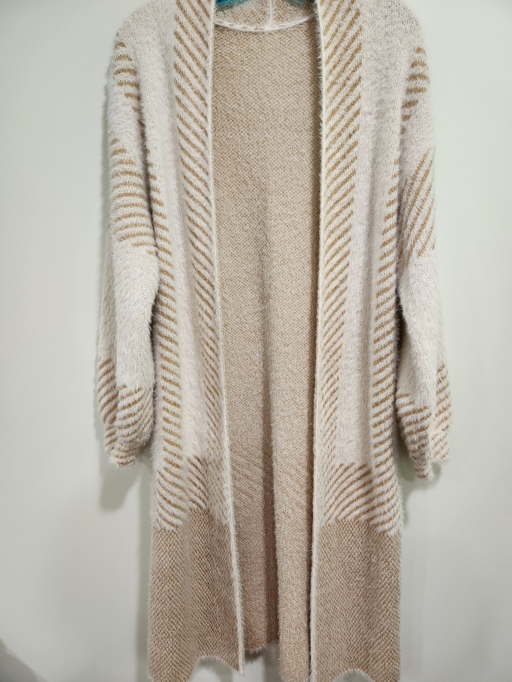 SHEIN Cream and Tan Striped Long Open Cardigan